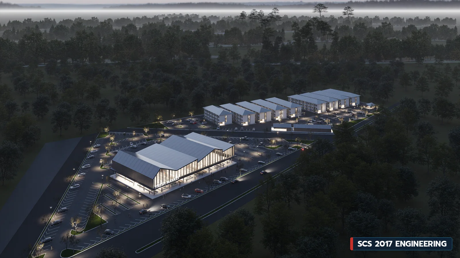 ภาพ 3D บรรยากาศยามค่ำคืน โซนตลาดสด มินิมาร์ท และกลุ่มอาคารหอพัก